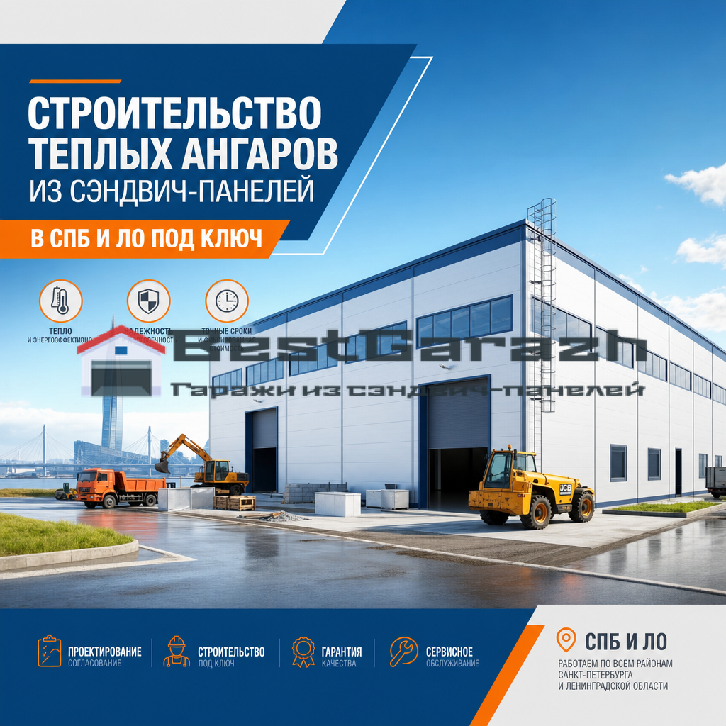 Строительство теплых ангаров из сэндвич-панелей в СПБ и ЛО под ключ