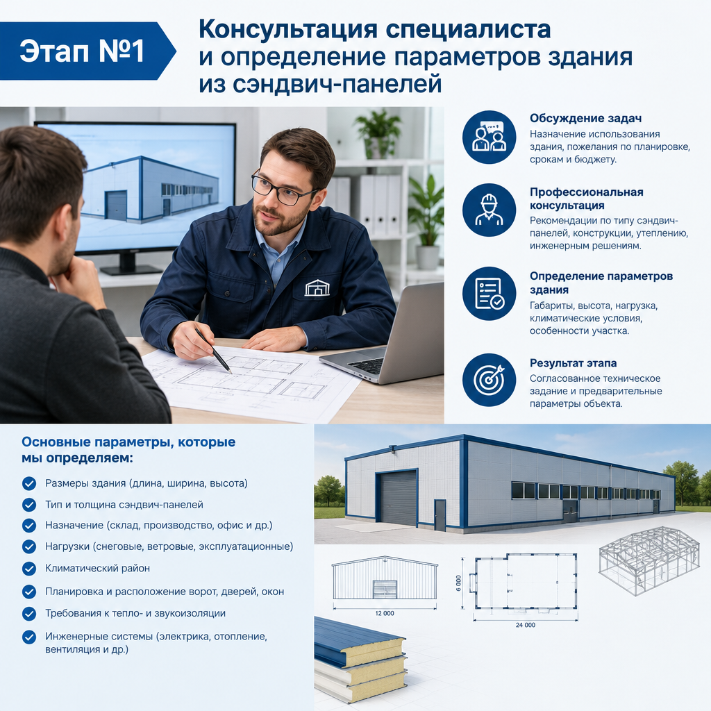 Этап №1 консультация специалиста и определение параметров здания из сэндвич-панелей