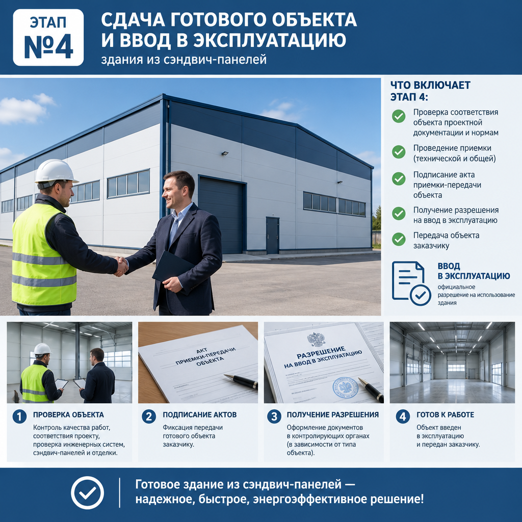 Этап №4 сдача готового объекта и ввод в эксплуатацию здания из сэндвич-панелей